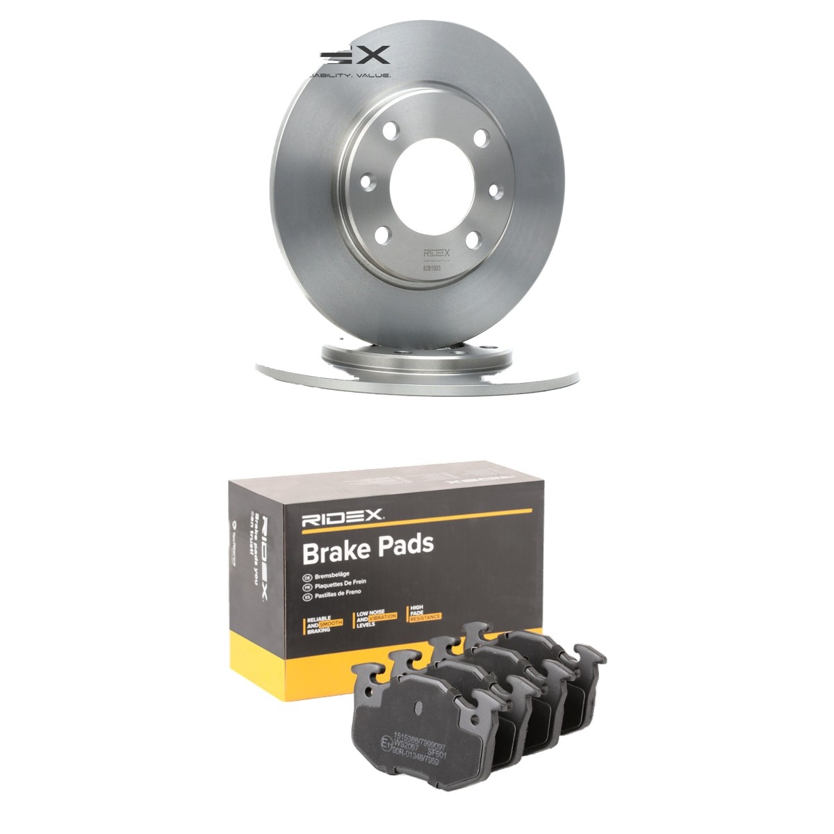 RIDEX 3405B3304: Kit de discos de freno y pastillas Eje trasero, Ø: 247mm, macizo