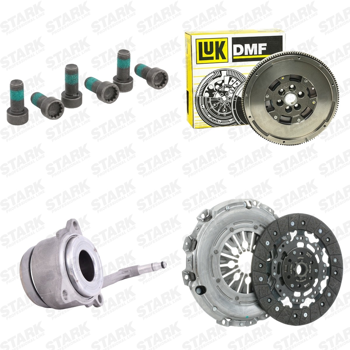 STARK SKCK-0102582: Spojková sada s centrálním vypínačem relé, s přítlačným talířem spojky, se spojkovou lamelou, se setrvačníkem, se sadou šroubů