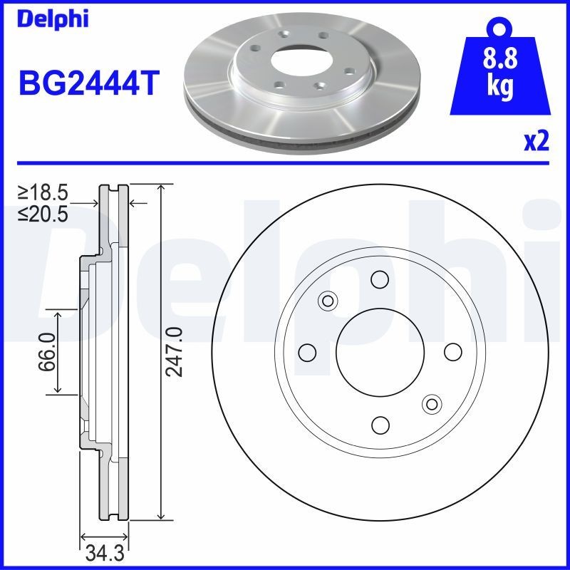DELPHI BG2444T: Féktárcsa Ø: 247mm, Szellőztetett, Ø: 247mm, olajozott