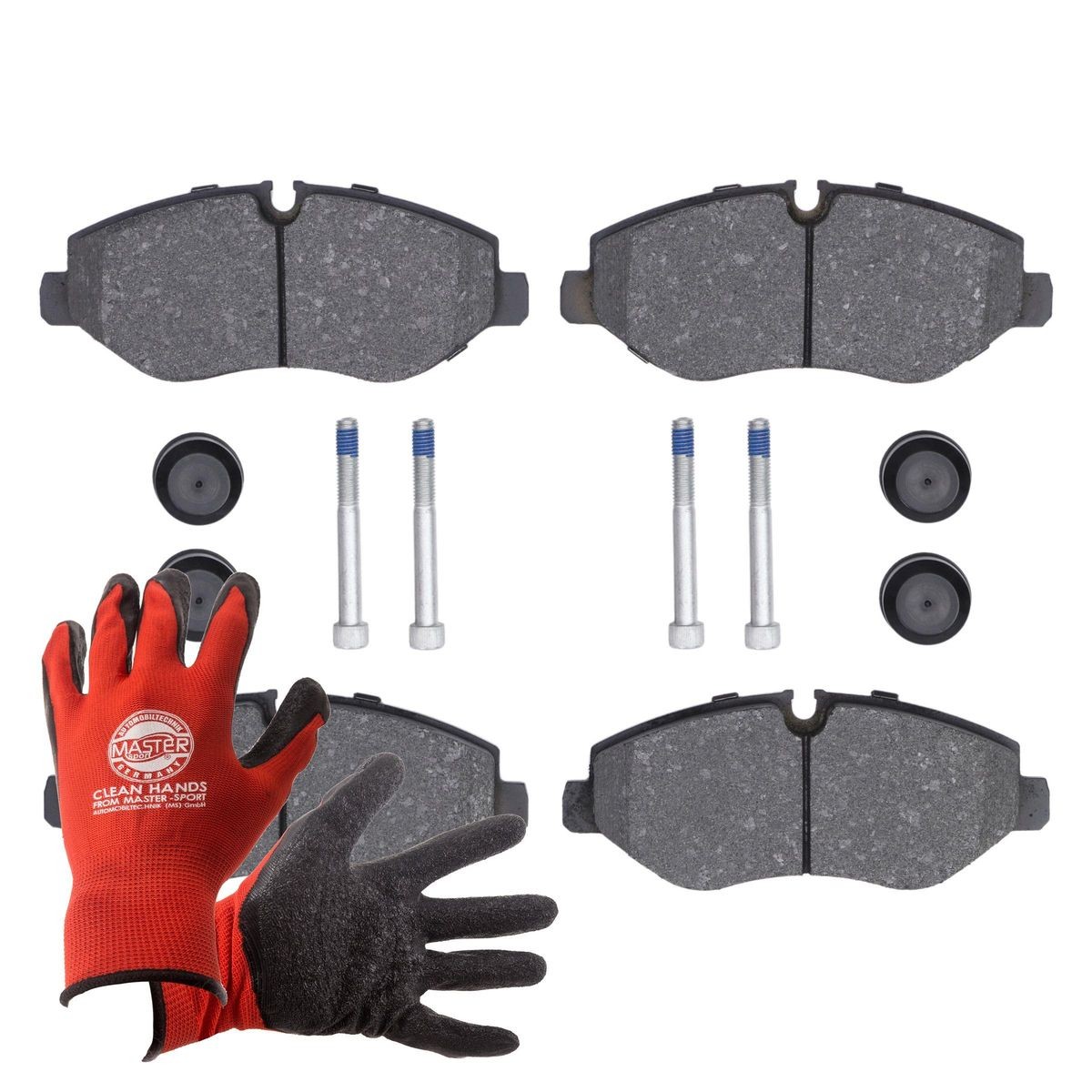MASTER-SPORT 13046048772N-SET-MSP: Klocki hamulcowe PROMO Oś przednia, z dodatkami, z podkładką wytłumiającą, ze śrubami prowadzącymi zacisku hamulcowego