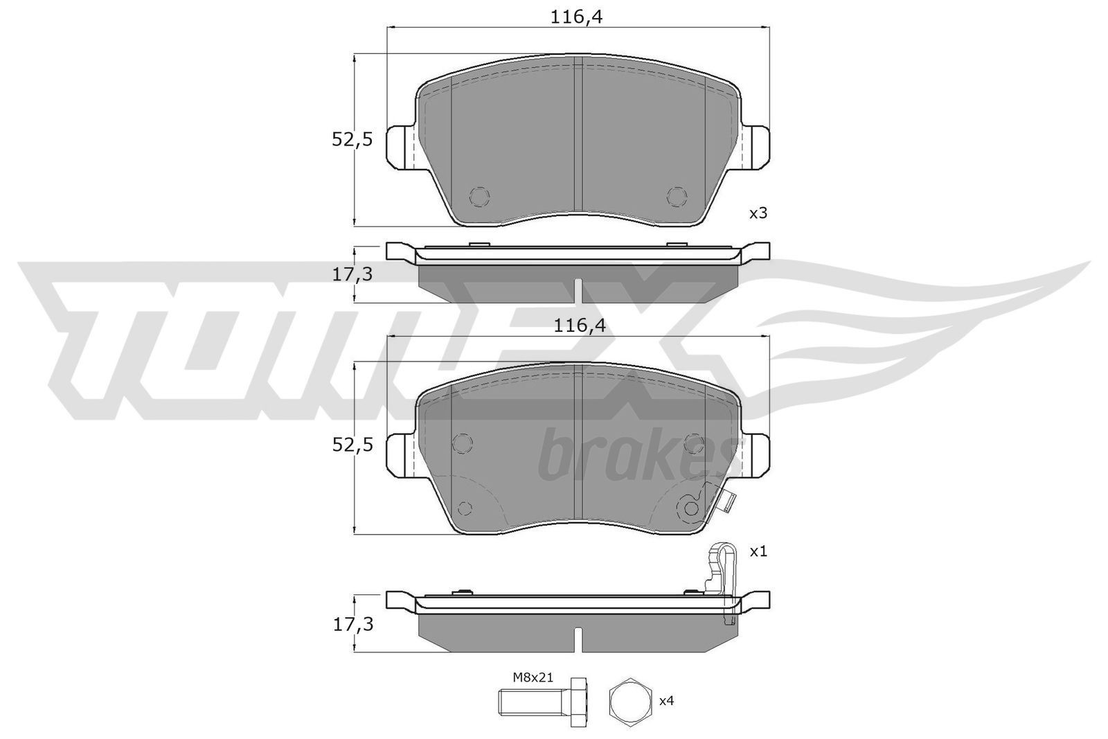 TOMEX brakes TX 14-162: Klocki hamulcowe Oś przednia, z dodatkami, ze śrubami prowadzącymi zacisku hamulcowego