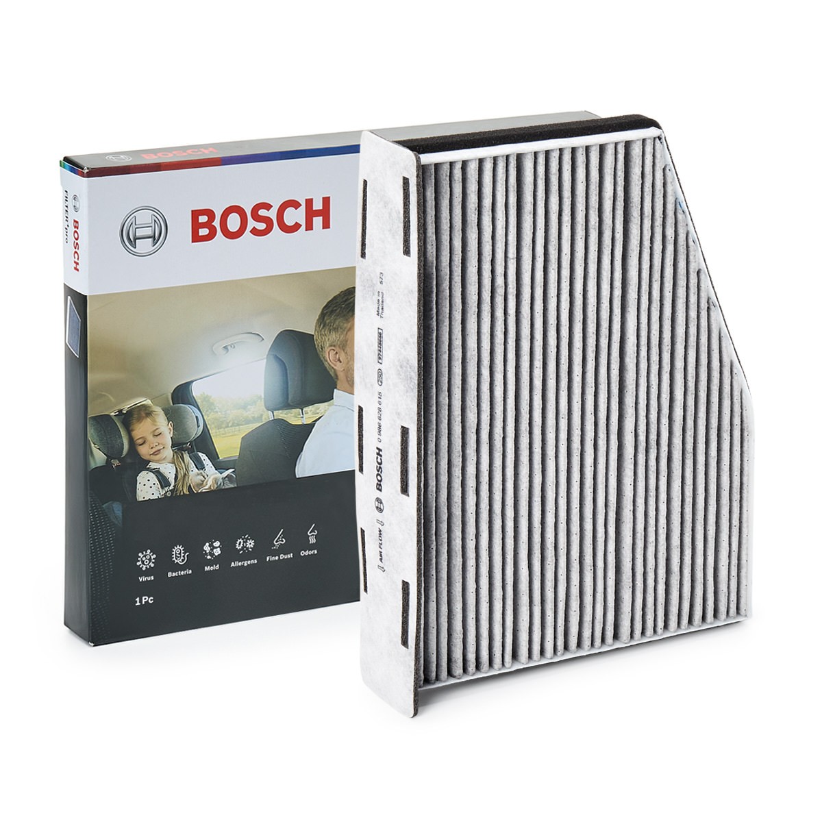 BOSCH 0 986 628 615: Pollenfilter FILTER+pro Aktivkulfilter, med antibakteriel virkning, Partikeludskillemængde >98% for 2,5µm (finstøv), med antiallergisk virkning, med antivirus-virkning, med anti-skimmel virkning
