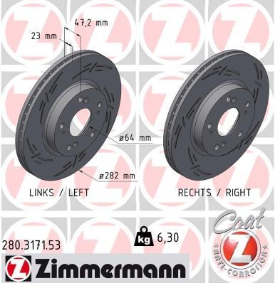 ZIMMERMANN 280.3171.53: Bromsskiva BLACK Z framaxel, Ø: 282mm, ventilerad invändigt, Slitsad, Ø: 282mm, belagd