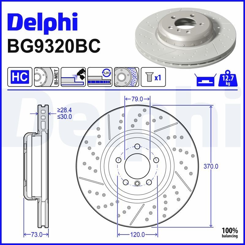 DELPHI BG9320BC: Féktárcsa Ø: 370mm, Szellőztetett, kétrészes féktárcsa, Lyuggatott, réselt/lyuggatott, Ø: 370mm, bevonatolt