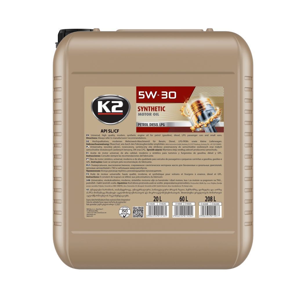 K2 O14020E: Motorový olej 20l, 5W-30 Synthetic, XL