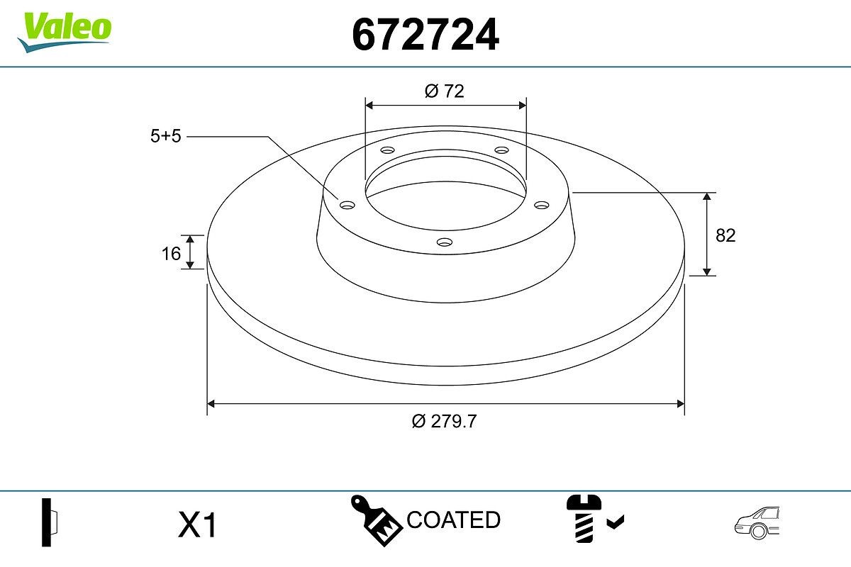 VALEO 672724: Remschijf COATED Achteras, Ø: 280mm, volledig, Ø: 280mm, Gecoat, Zonder ingebouwd wiellager
