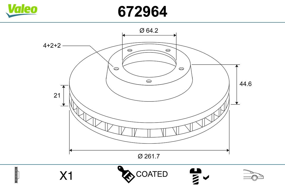 VALEO 672964: Bromsskiva COATED framaxel, Ø: 262mm, ventilerad, Ø: 262mm, belagd, utan integrerat hjullager