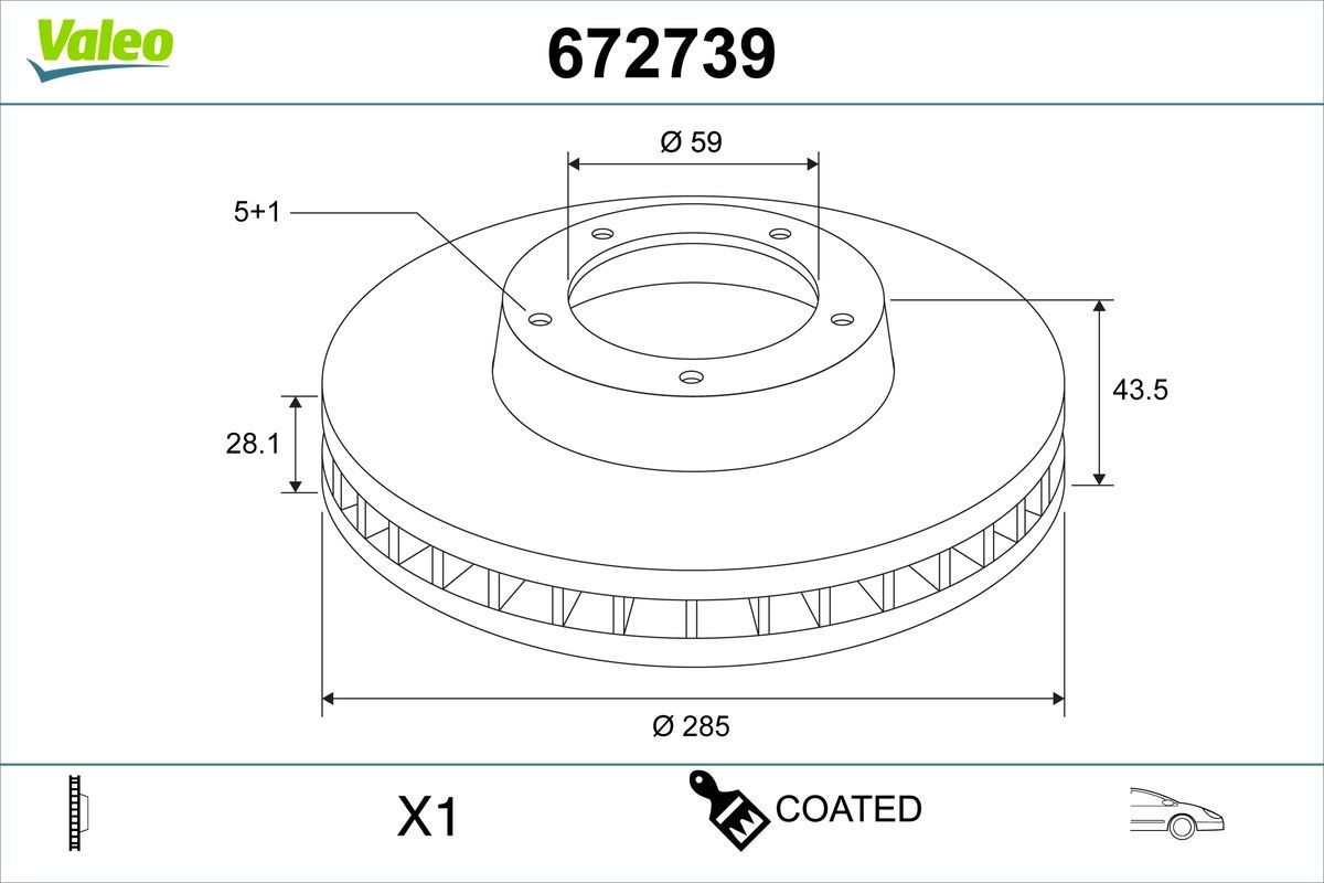 VALEO 672739: Remschijf COATED Vooras, Ø: 285mm, Geventileerd, Ø: 285mm, Gecoat, Zonder schroeven, Zonder ingebouwd wiellager