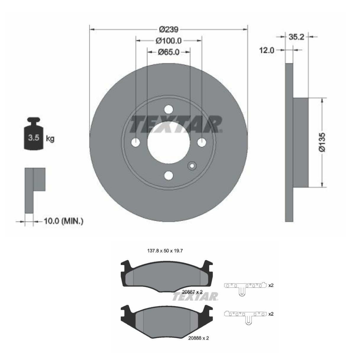 TEXTAR TXR3405N0008: Kit de discos de freno y pastillas Ø: 239mm, macizo PRO
