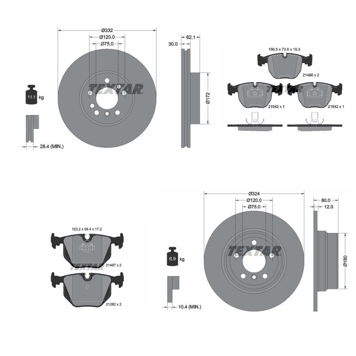 TEXTAR TXR3405FR010: Bromssats, skivbroms Ø: 332, 324mm, ventilerad invändigt, full