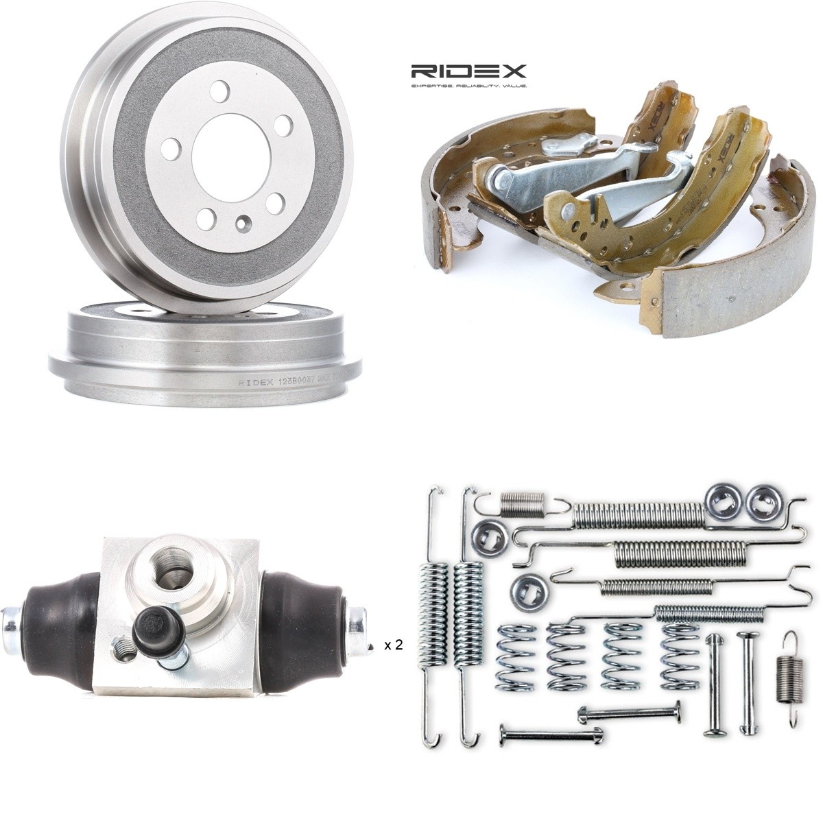 RIDEX 3859B0504: Remmenset, trommelrem Achteras, Met toebehoren