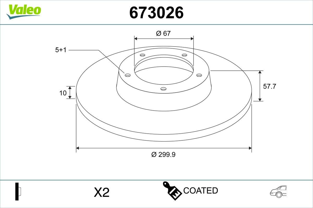 VALEO 673026: Bromsskiva COATED Bakaxel, Ø: 300mm, full, Ø: 300mm, belagd, utan ABS-sensorring, utan integrerat hjullager
