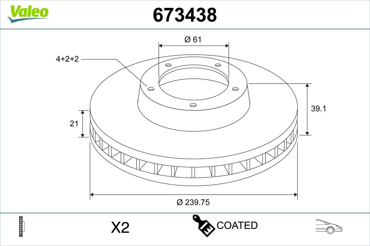 VALEO 673438: Bromsskiva COATED framaxel, Ø: 240mm, ventilerad, Ø: 240mm, belagd, utan ABS-sensorring, utan integrerat hjullager
