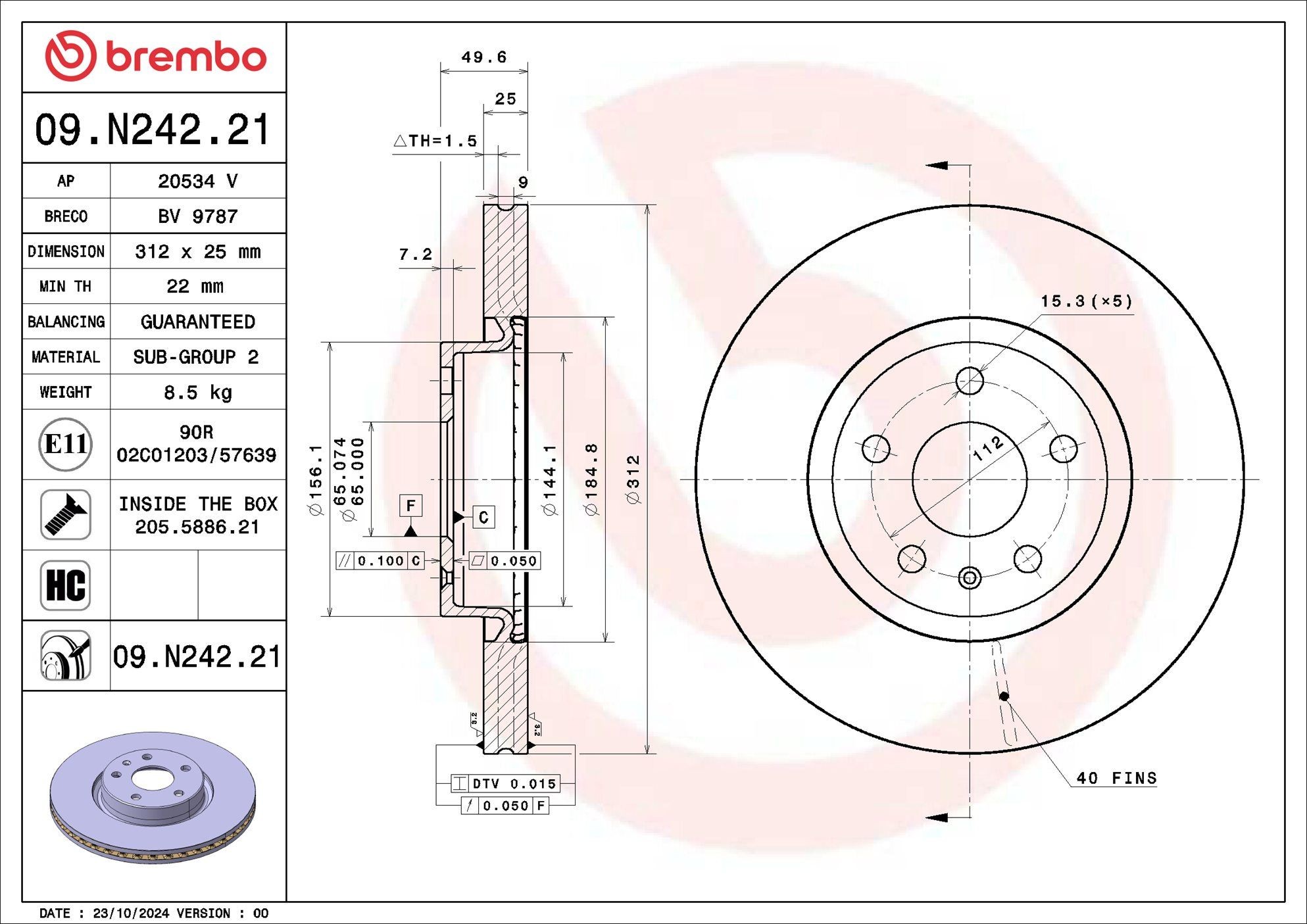 BREMBO 09.N242.21: Bremžu diski PRIME LINE - UV Coated Ø: 312mm, ar iekšējo ventilāciju, Ø: 312mm, pārklāts, ar skrūvēm