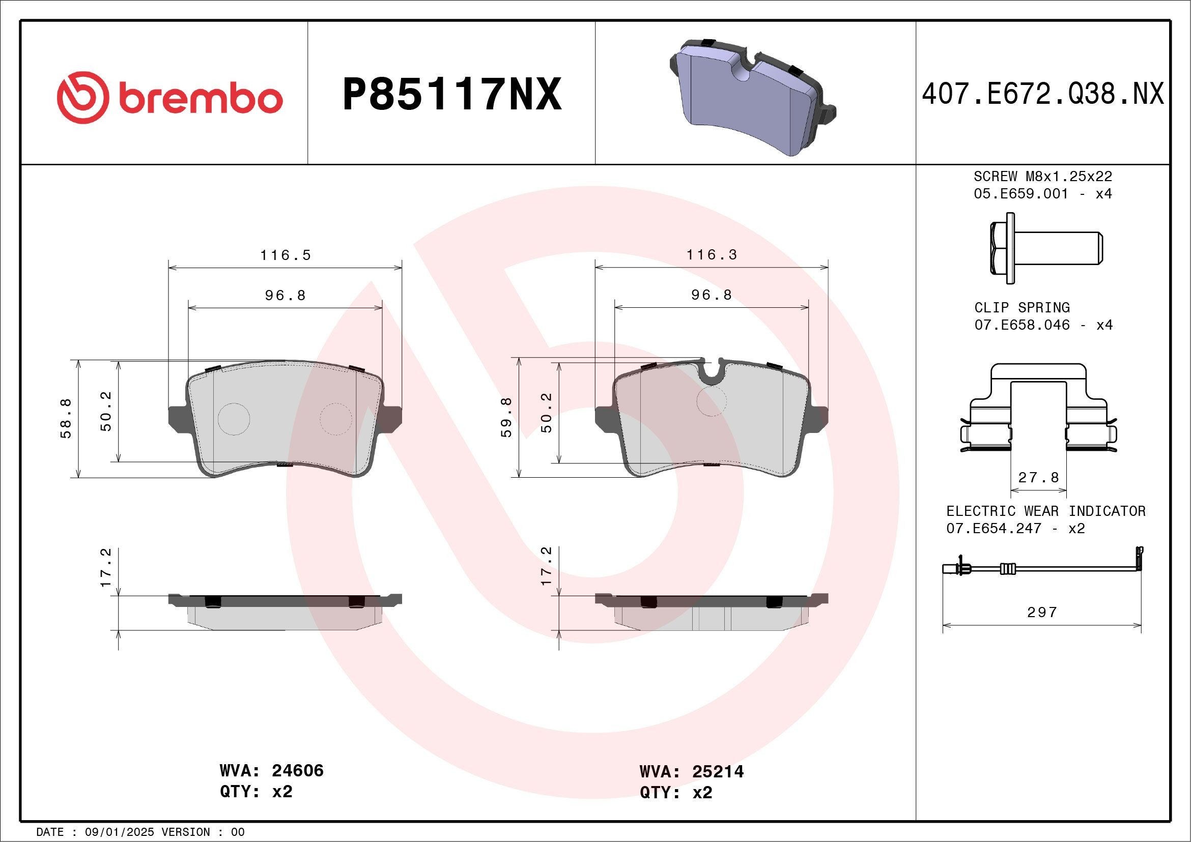 BREMBO P85117NX: Bremžu kluči XTRA LINE - Ceramic ar piederumiem, ar bremžu suportu skrūvēm, ar piespiedējplāksni