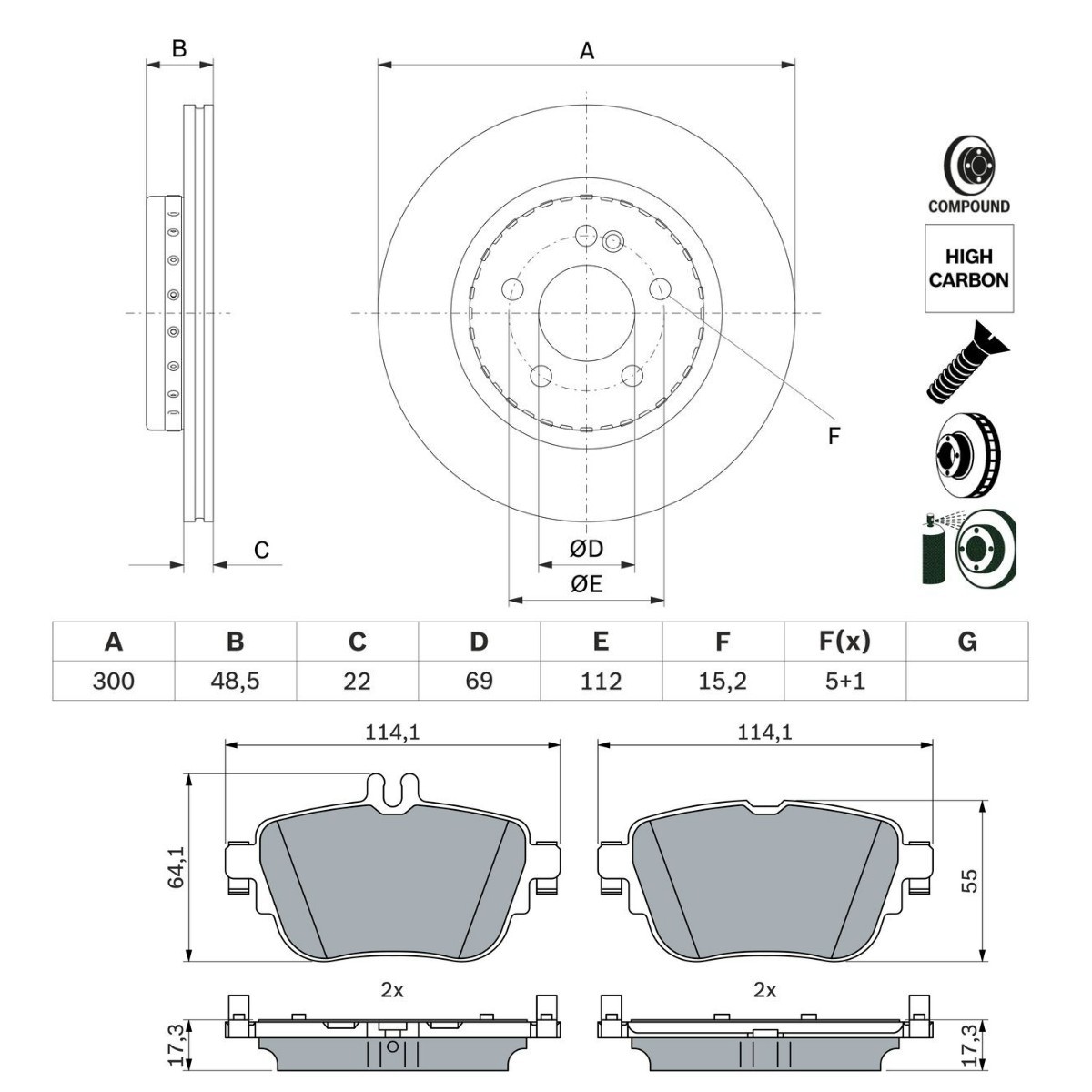 BOSCH BSH3405N0180: Bromssats, skivbroms Ø: 300mm, tvådelad bromsskiva, ventilerad