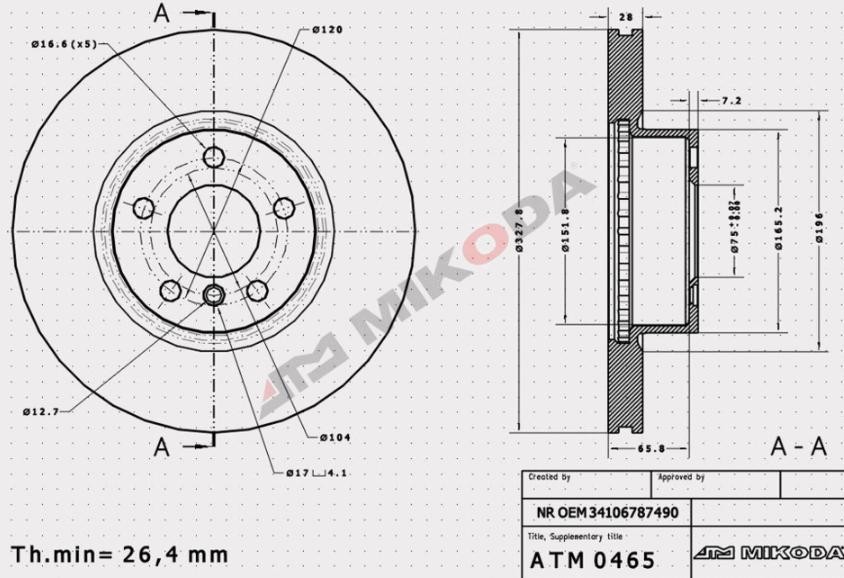 MIKODA 0465: Féktárcsa Ø: 328,0mm, Szellőztetett, Ø: 328,0mm