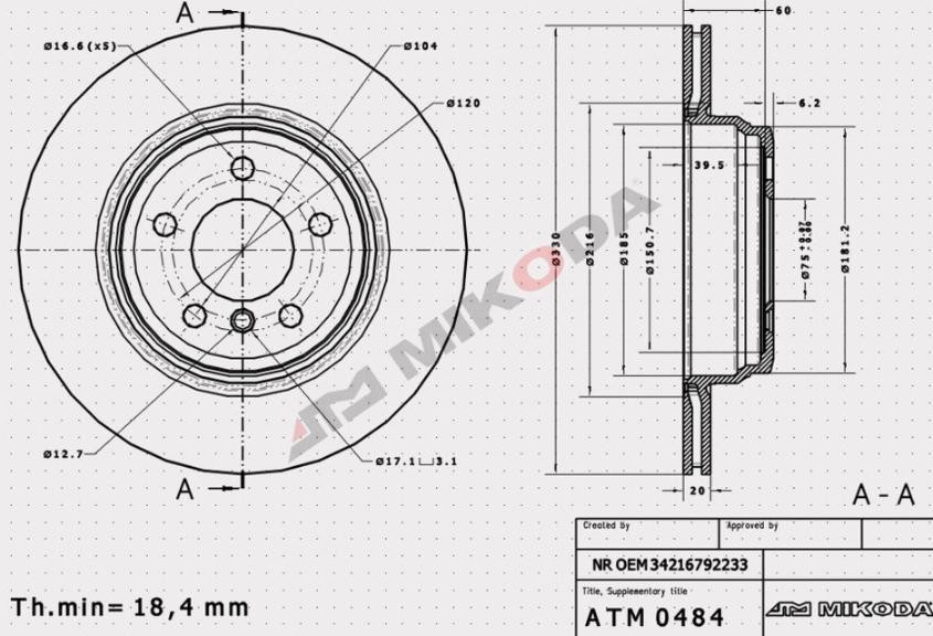 MIKODA 0484: Féktárcsa Ø: 330mm, Szellőztetett, Ø: 330mm