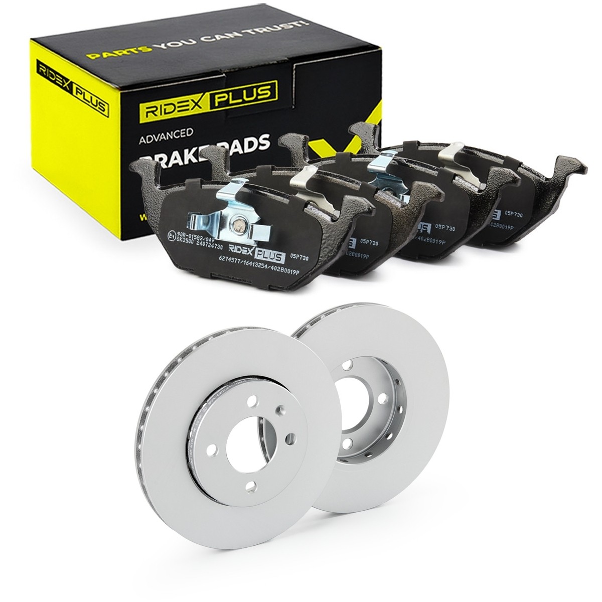 RIDEX PLUS 3405B1128P: Remschijven en blokken Vooras, Ø: 256mm, Geventileerd, Met anti-kreukplaat