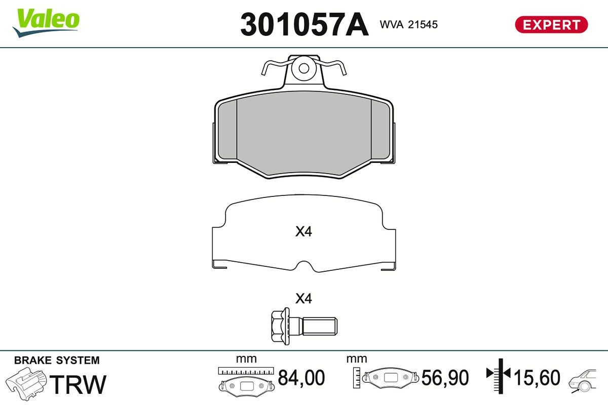 VALEO 301057A: Bremseklodser EXPERT bagaksel, med skruer, med anti-knirke-plade