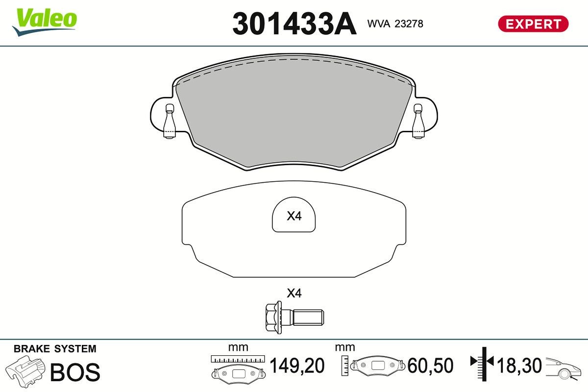 VALEO 301433A: Plaquettes de frein EXPERT Essieu avant, avec vis/boulons, avec tôle anti-bruit