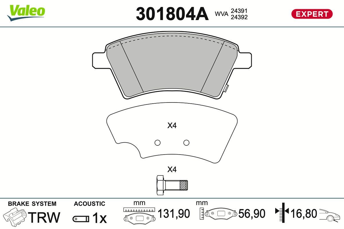 VALEO 301804A: Bremžu kluči EXPERT Priekšējais tilts, ar skrūvēm, ar piespiedējplāksni