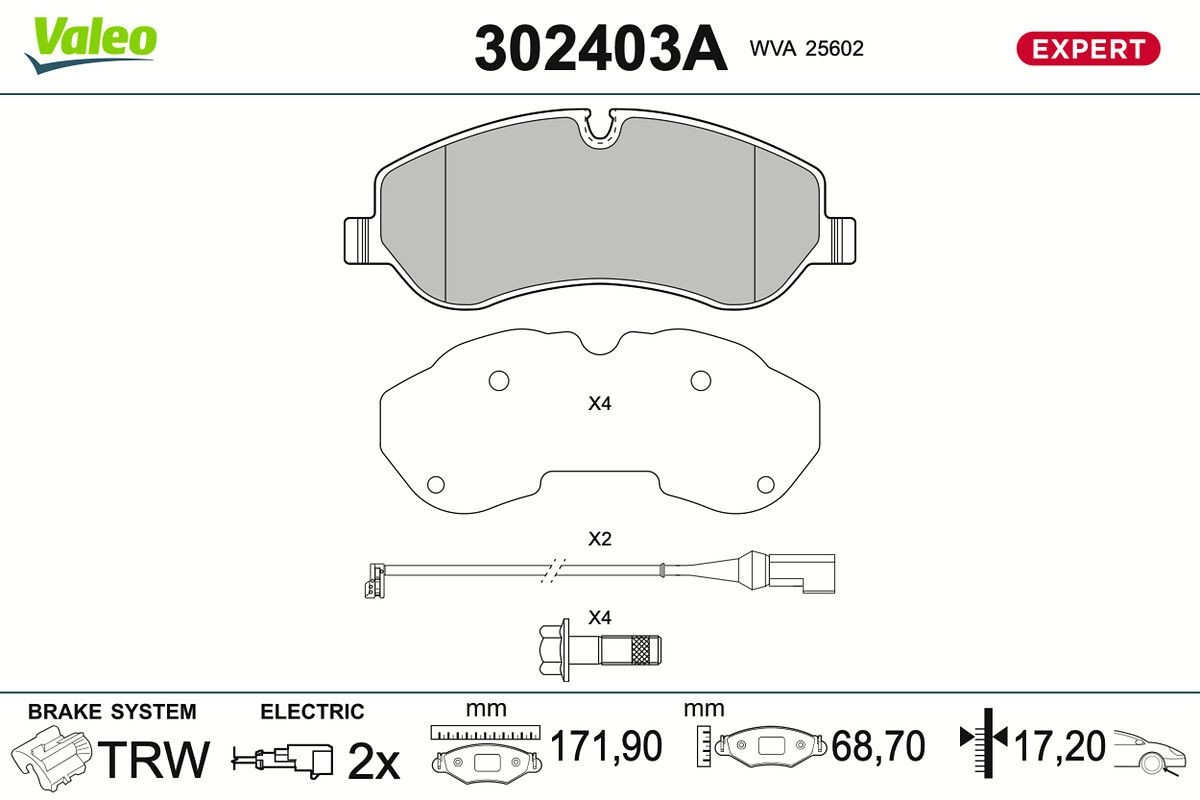 VALEO 302403A: Bromsbelägg EXPERT framaxel, med skruvar, Anti-skrik-plåt