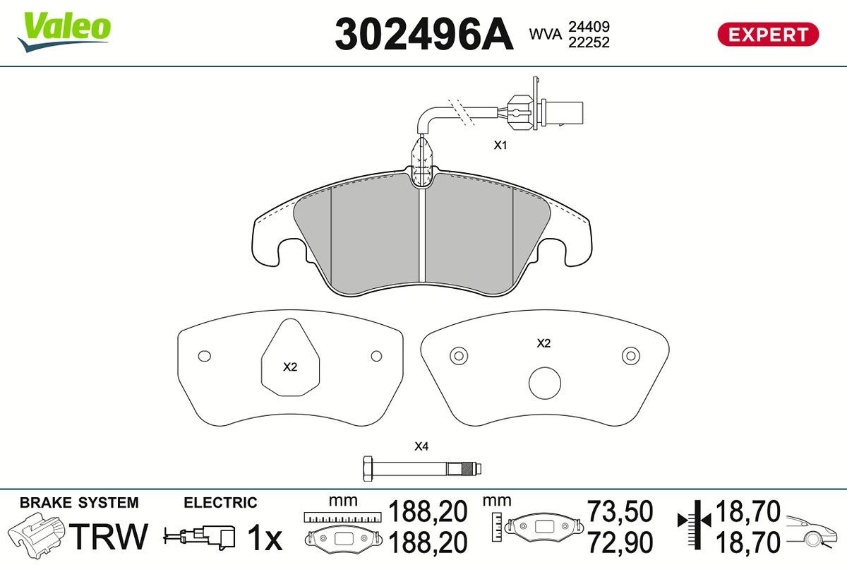 VALEO 302496A: Bremžu kluči EXPERT Priekšējais tilts, ar skrūvēm, ar piespiedējplāksni