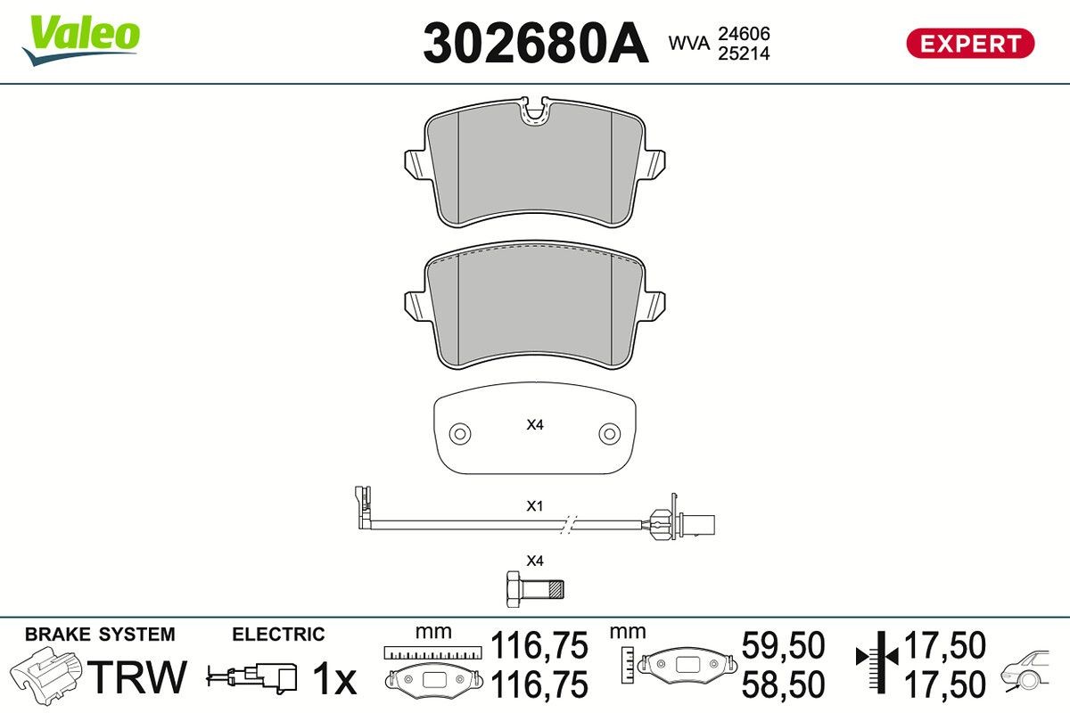 VALEO 302680A: Klocki hamulcowe EXPERT Oś tylna, ze śrubami, z podkładką wytłumiającą