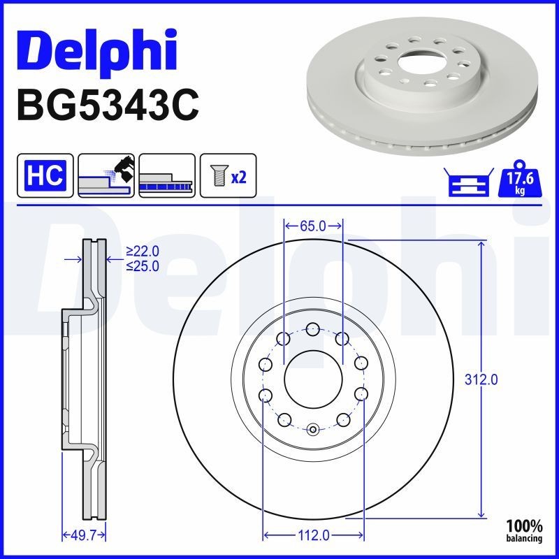 DELPHI BG5343C: Bromsskiva Ø: 312mm, ventilerad, Ø: 312mm, belagd