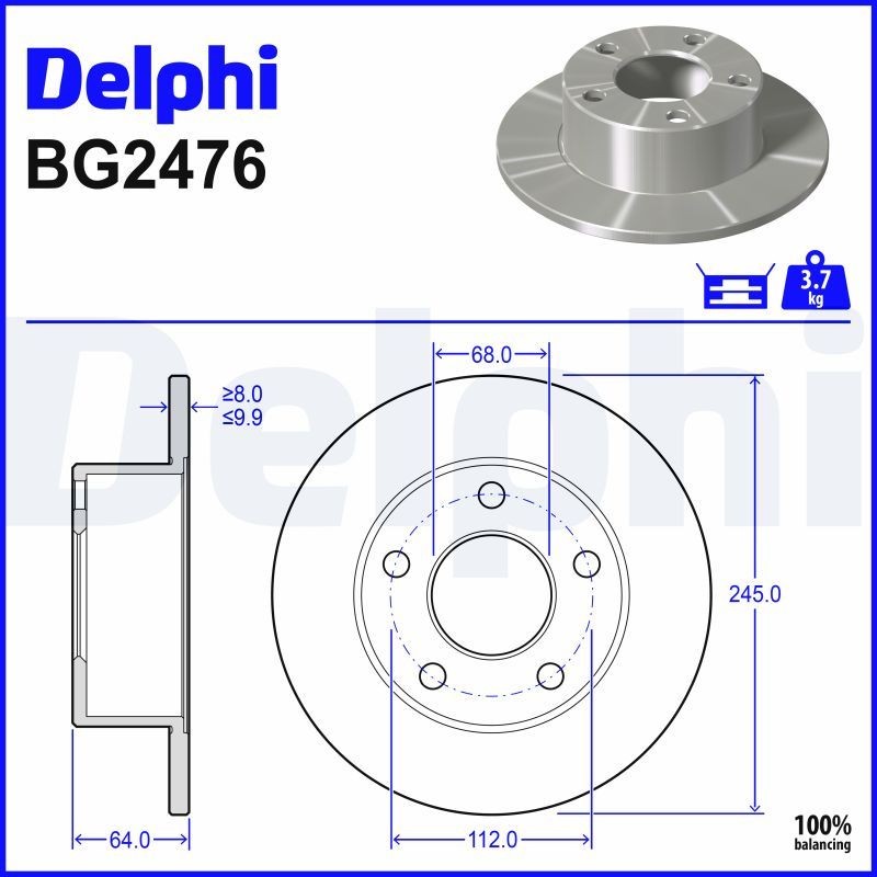 DELPHI BG2746: Disco de freno Ø: 245mm, macizo, Ø: 245mm, aceitado