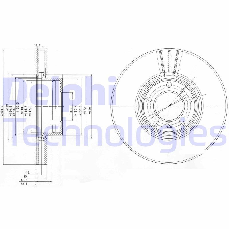 DELPHI BG9005: Bromsskiva Ø: 324mm, ventilerad, Ø: 324mm, oljad