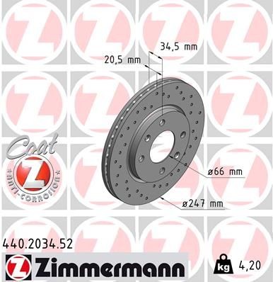 ZIMMERMANN 440.2034.52: Féktárcsa elsőtengely, Ø: 247mm, belső hűtésű, Lyuggatott, Ø: 247mm, bevonatolt SPORT COAT Z