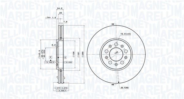 MAGNETI MARELLI 360406049301: Tarcza hamulcowa Ø: 288[mm], z wentylacją wewnętrzną, Ø: 288[mm], pokryty lakierem UV, ze śrubami