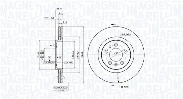 MAGNETI MARELLI 360406049501: Bremžu diski Ø: 280mm, ar iekšējo ventilāciju, Ø: 280mm, UV lakas pārklājums, ar skrūvēm