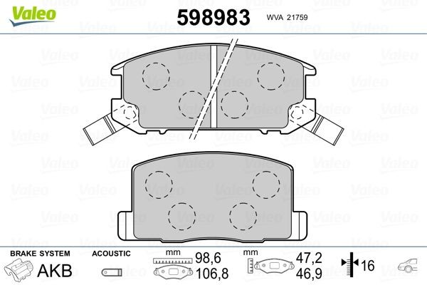 VALEO 598983: Bremžu kluči Aizmugurējais tilts, bez skrūvēm, bez piespiedējplāksnes
