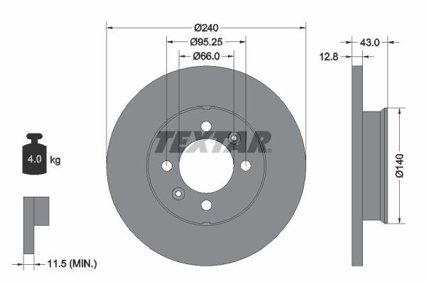 TEXTAR 92044400: Bromsskiva Ø: 240mm, full, Ø: 240mm, utan hjulvnav, utan hjullager, utan hjulbultar