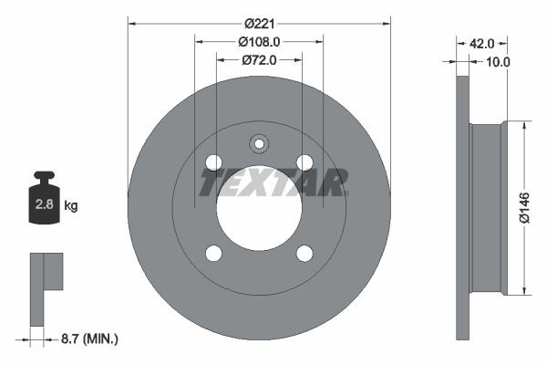 TEXTAR 92011900: Disco de freno Ø: 221mm, macizo, Ø: 221mm, sin buje de rueda, sin cojinete rueda, sin perno de sujeción de rueda