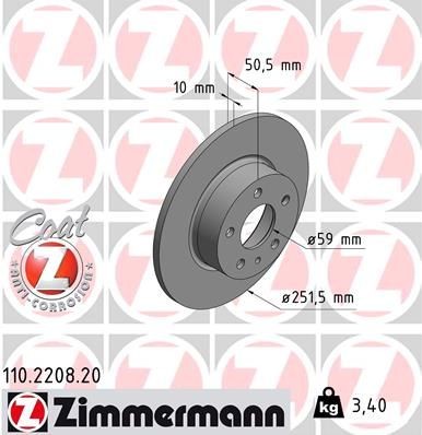 ZIMMERMANN 110.2208.20: Bremsscheibe Hinterachse, Ø: 252mm, voll, Ø: 252mm, beschichtet COAT Z