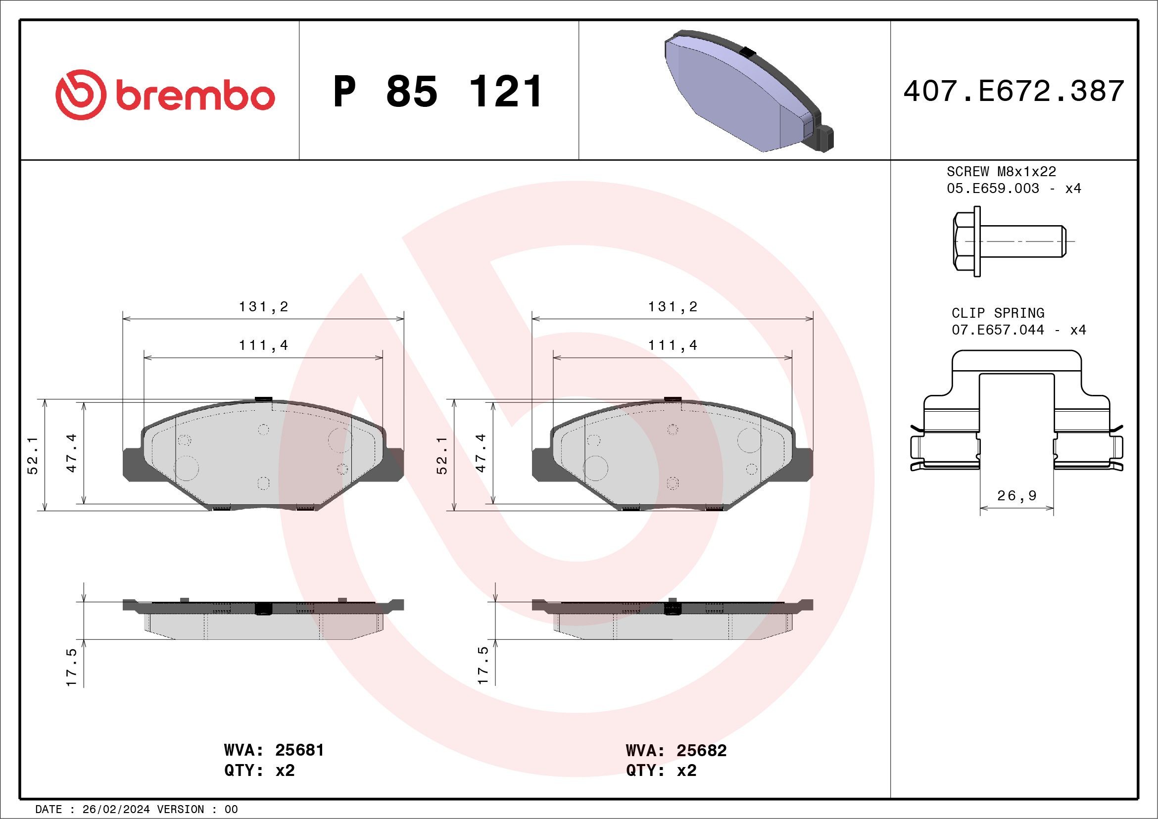 BREMBO P 85 121: Bremsbeläge PRIME LINE mit Zubehör, mit Bremssattelschrauben, mit Anti-Quietsch-Blech Prime