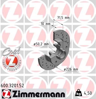 ZIMMERMANN 600.3201.52: Remschijf Achteras, Ø: 226mm, volledig, Geperforeerd, Ø: 226mm, Gecoat, Zonder wiellager, Zonder ABS sensorring SPORT COAT Z