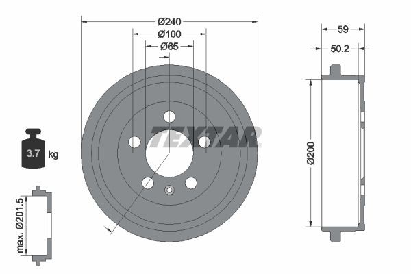 TEXTAR 94023800: Remtrommel 240mm, Zonder wielnaaf, Zonder wiellager, Zonder wielbevestigingsbout