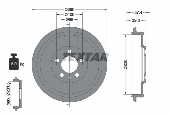 TEXTAR 94024300: Спирачен барабан 290mm, без колесна главина, без колесен лагер, без болтове за закрепване на колелата