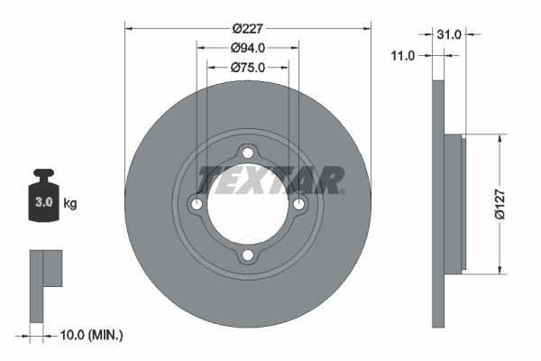 TEXTAR 92028200: Δισκόπλακα Ø: 227mm, πλήρες, Ø: 227mm, χωρίς πλήμνη, χωρίς ρουλεμάν τροχού, χωρίς μπουλόνια στερέωσης τροχού