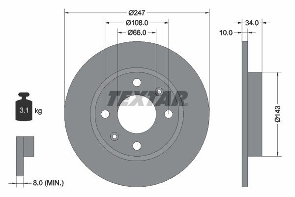 TEXTAR 92029800: Remschijf Ø: 247mm, volledig, Ø: 247mm, Zonder wielnaaf, Zonder wiellager, Zonder wielbevestigingsbout