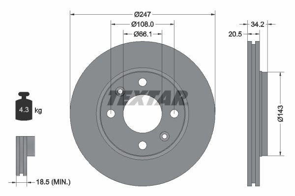 TEXTAR 92043100: Féktárcsa Ø: 247mm, belső hűtésű, Ø: 247mm, kerékagy nélkül, kerékcsapágy nélkül, kerékrögzítő csavar nélkül