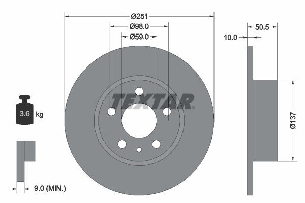 TEXTAR 92046900: Bremsscheibe Ø: 251mm, voll, Ø: 251mm, ohne Radnabe, ohne Radlager, ohne Radbefestigungsbolzen