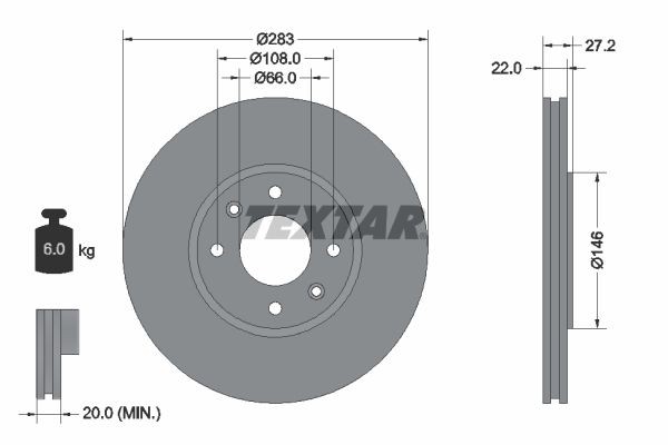 TEXTAR 92059600: Remschijf Ø: 283mm, Buiten geventileerd, Ø: 283mm, Zonder wielnaaf, Zonder wiellager, Zonder wielbevestigingsbout