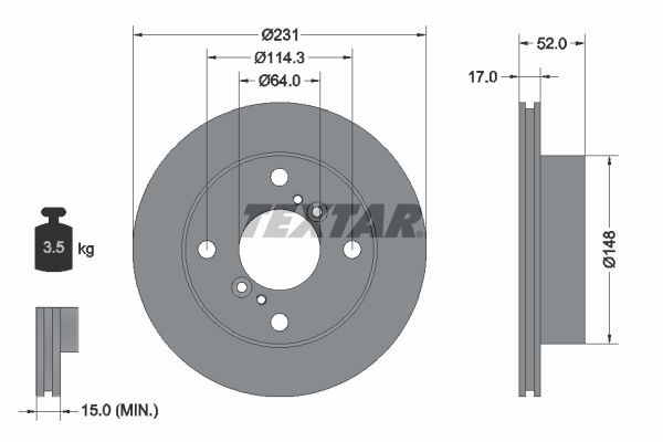 TEXTAR 92065900: Bromsskiva Ø: 231mm, ventilerad invändigt, Ø: 231mm, utan hjulvnav, utan hjulbultar