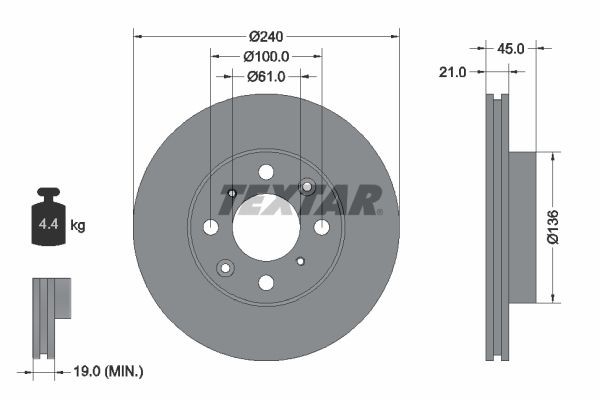 TEXTAR 92077800: Bromsskiva Ø: 240mm, ventilerad invändigt, Ø: 240mm, utan hjulvnav, utan hjullager, utan hjulbultar